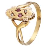 14K. Yellow gold antique ring set with seed pearls and glass garnets, 19th century.