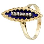 Vintage 18K. yellow gold navette ring set with diamond and blue enamel.