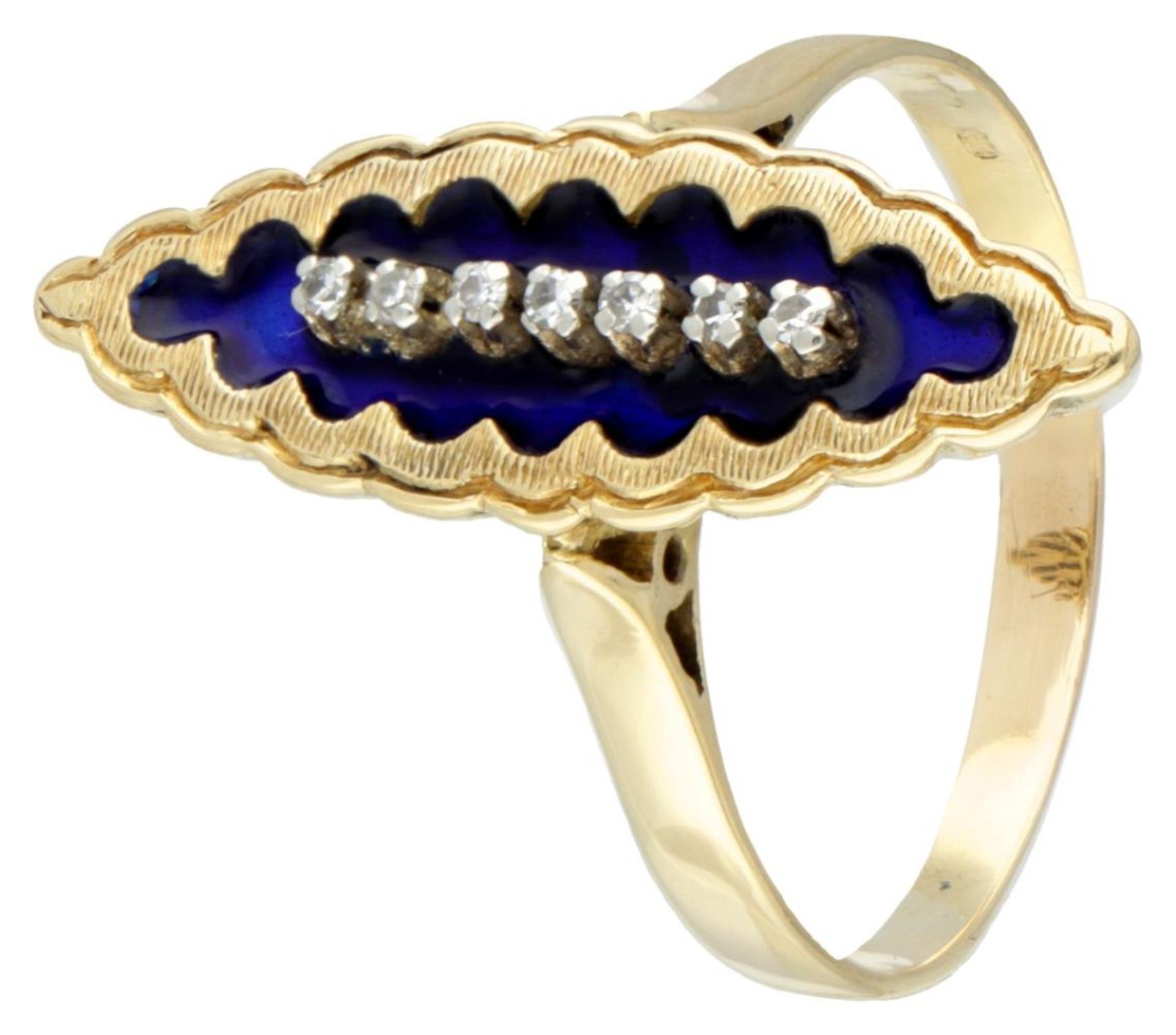 Vintage 18K. yellow gold navette ring set with diamond and blue enamel.