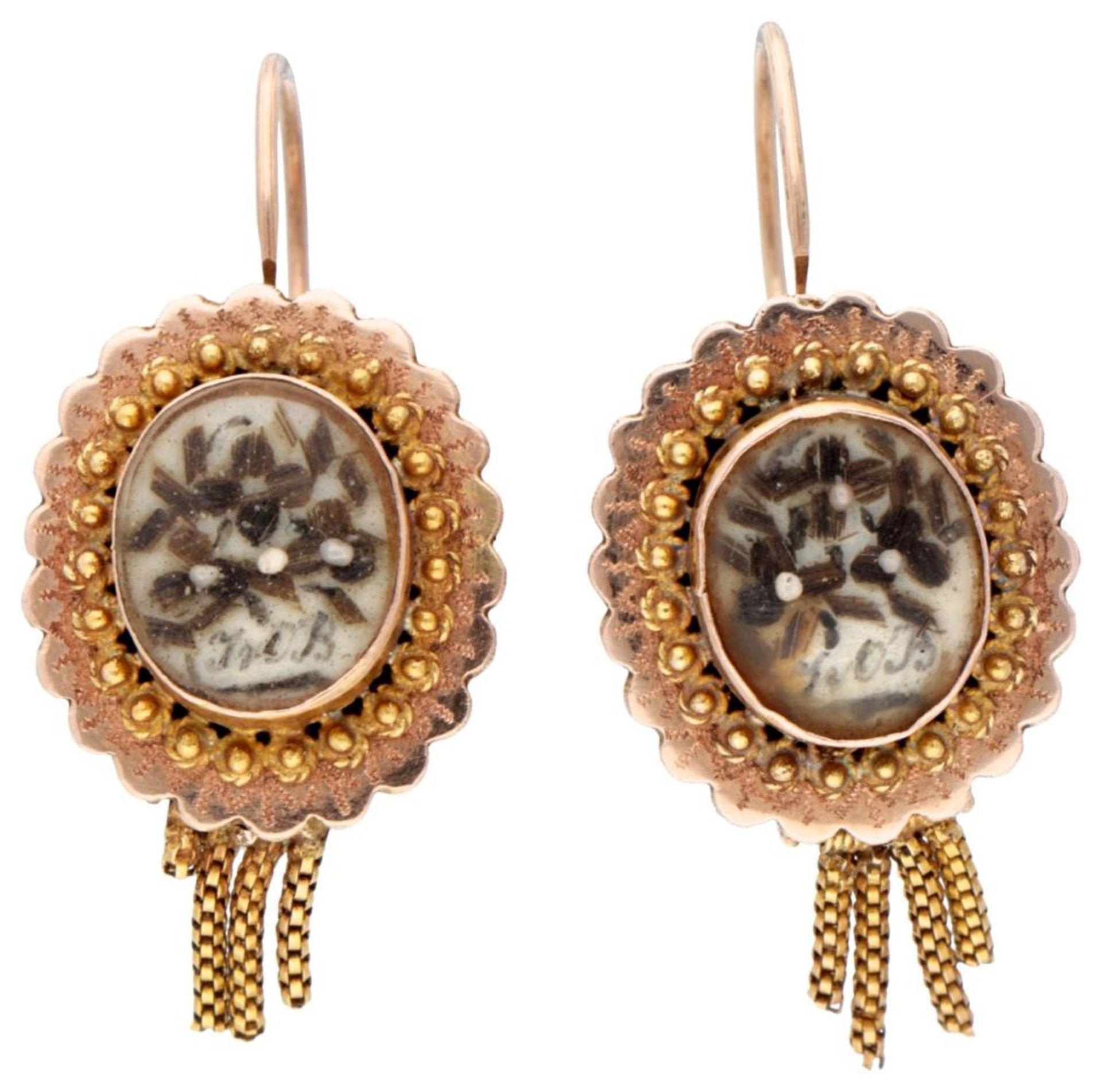 Antique BLA 10K. rose gold antique mourning earrings with representations of flowers made from hair.