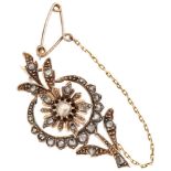 14K. Rose gold antique floral brooch set with rose cut diamonds.