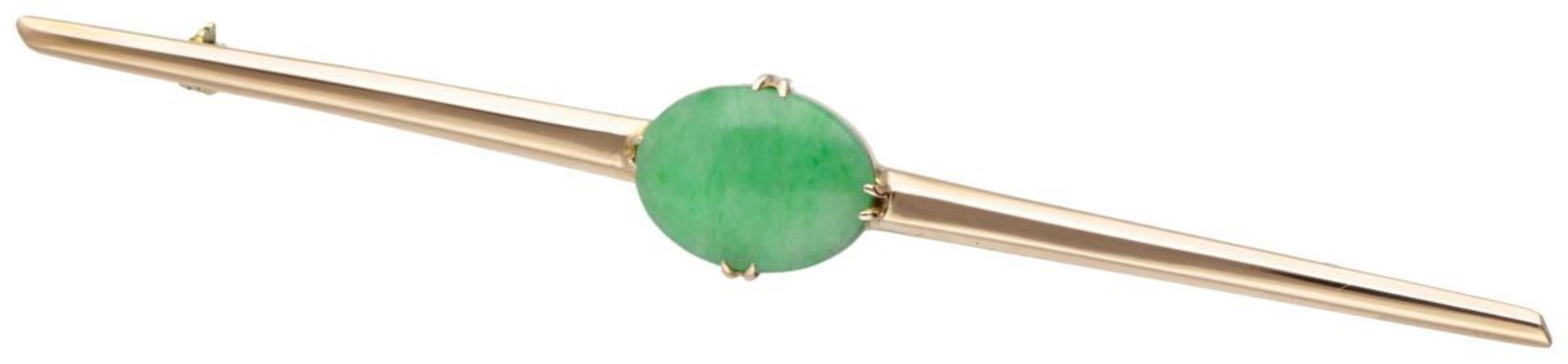 18K. Rose gold vintage bar brooch set with a green gemstone.