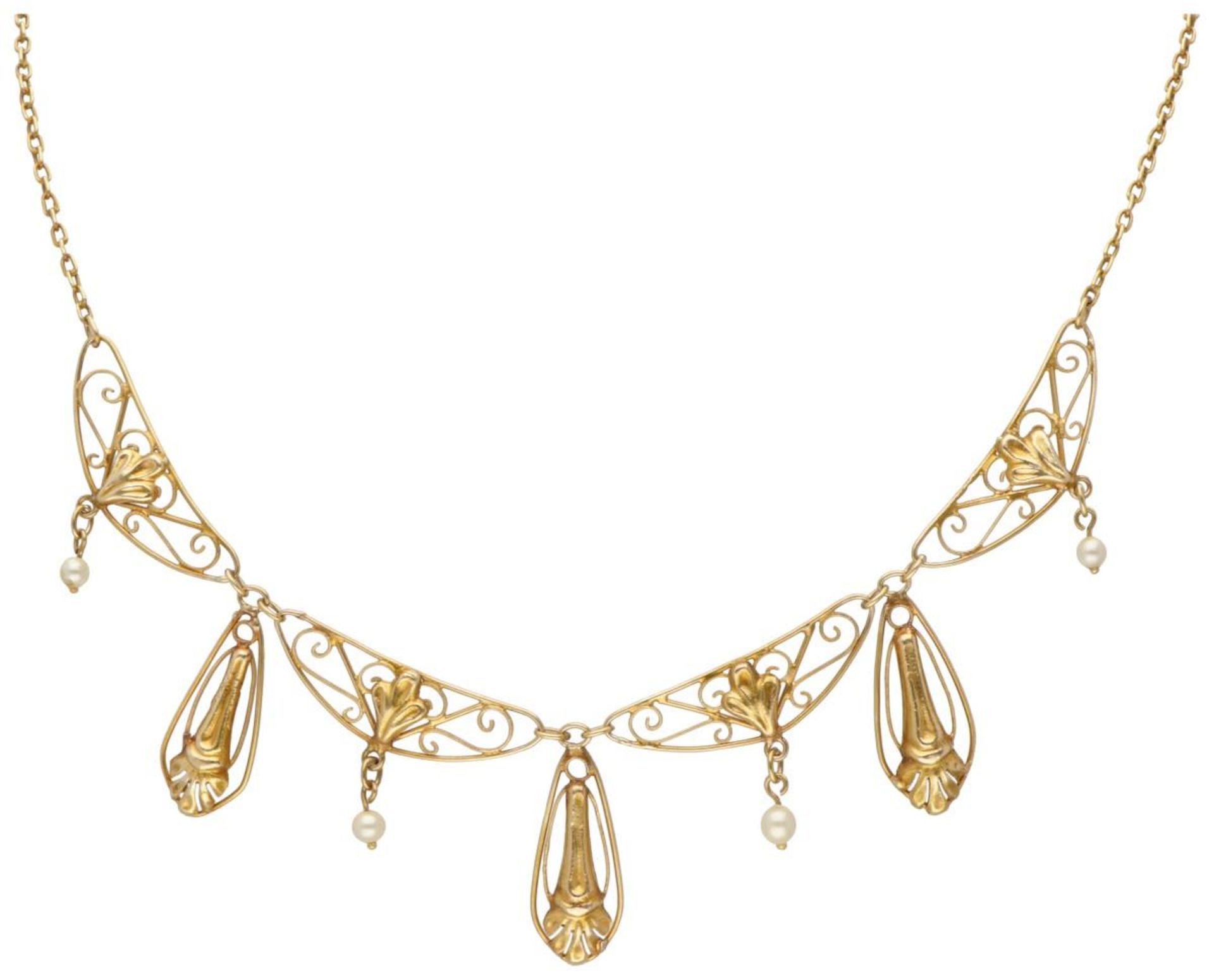 14K. Yellow gold Art Nouveau necklace with white pearls.