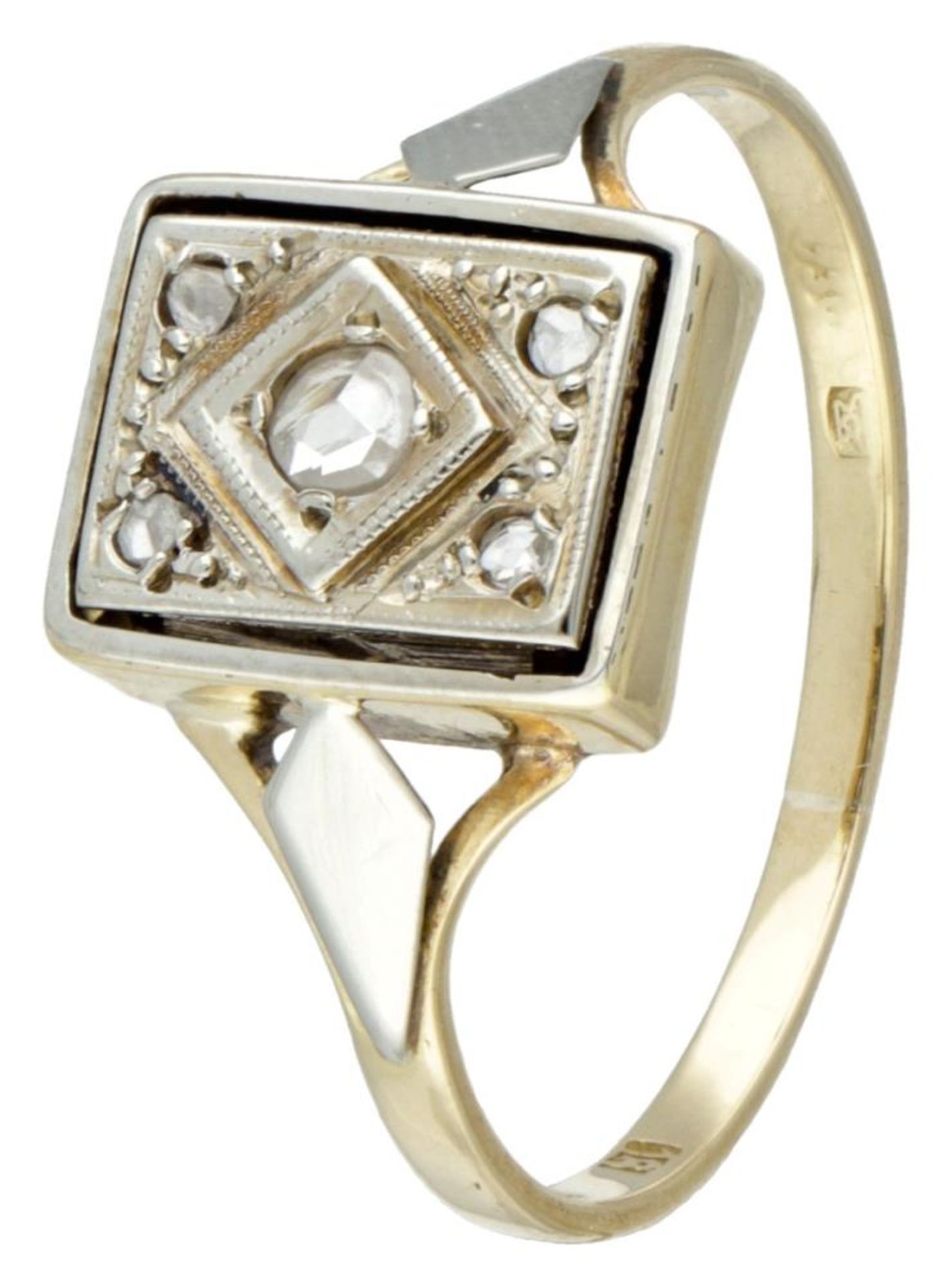 14K. Bicolor gold Art Deco ring set with rose cut diamond.