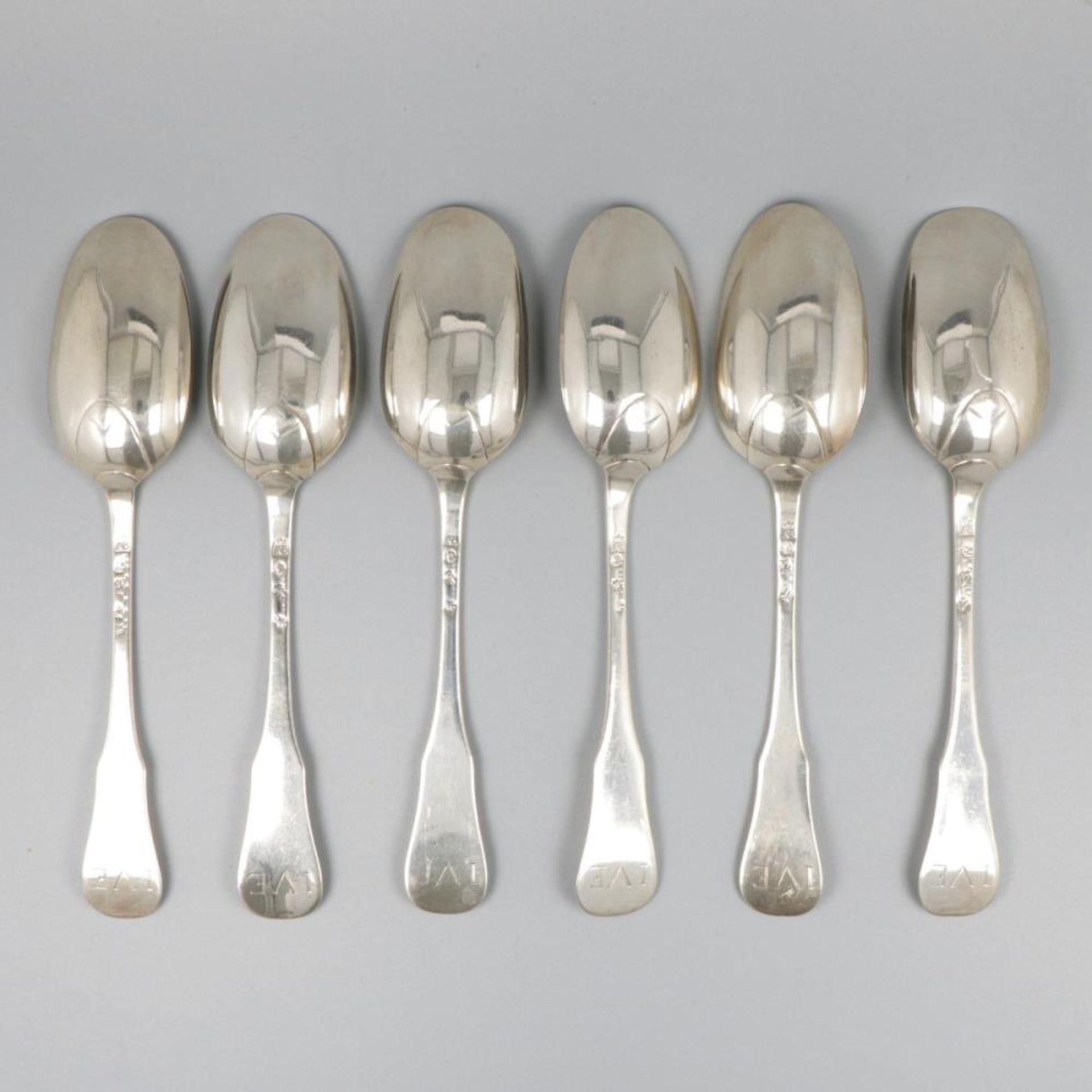 Set of 6 spoons (Bruges, Belgium, Adrianus Buschop 1756) silver. - Image 2 of 8