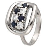 14K. White gold ring set with approx. 0.41 ct. diamond and sapphire.