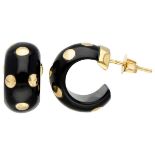18K. Yellow gold half creole earrings with black crystal and yellow gold dots.