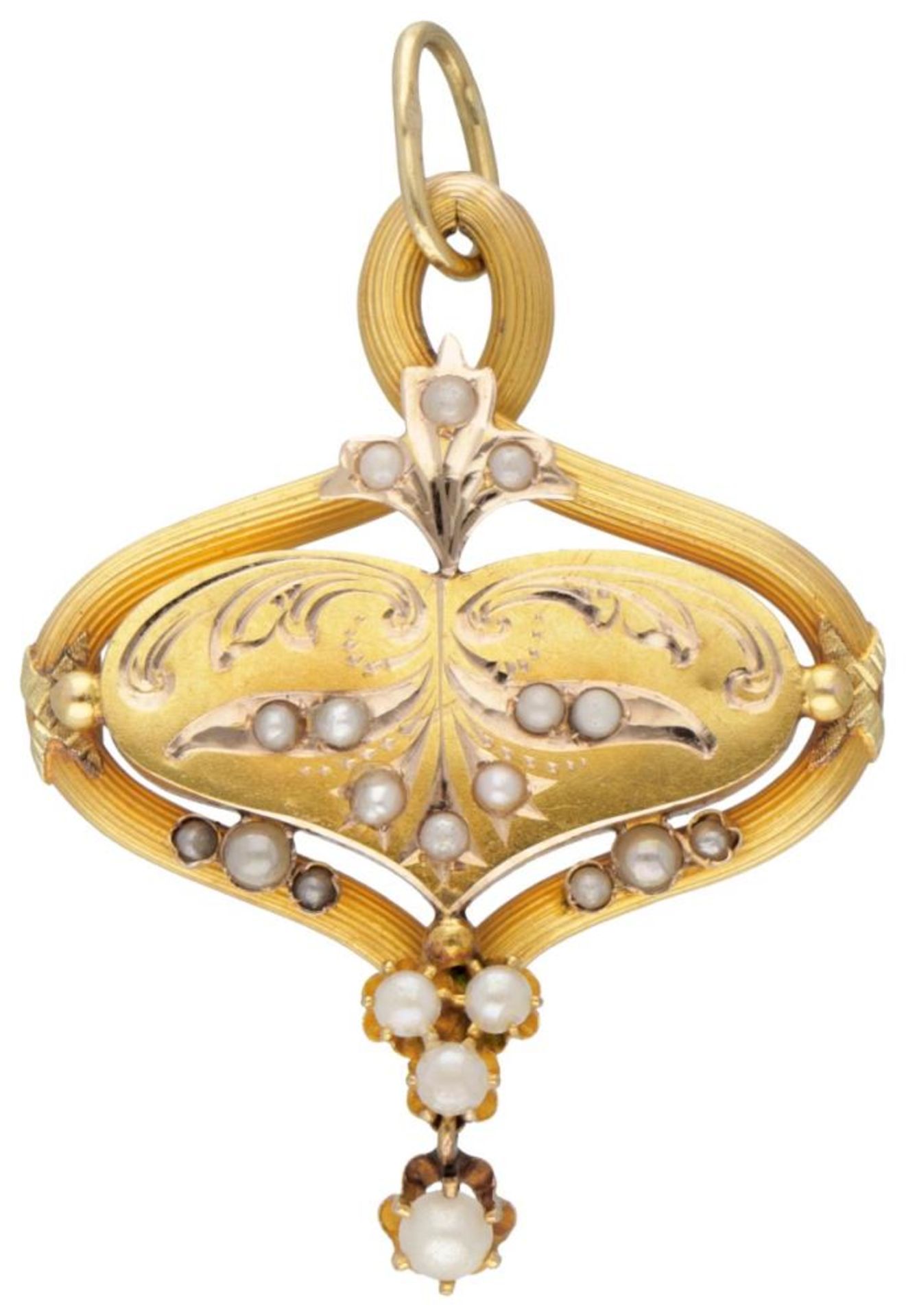 14K. Yellow gold Art Nouveau pendant set with seed pearls.