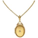 14K. Yellow gold necklace and antique medallion pendant with seed pearl.