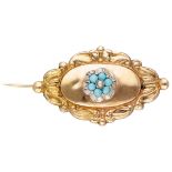 18K. Yellow gold antique brooch set with turquoise.