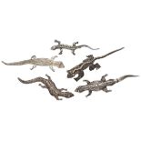 Lot of five various vintage silver salamander brooches.