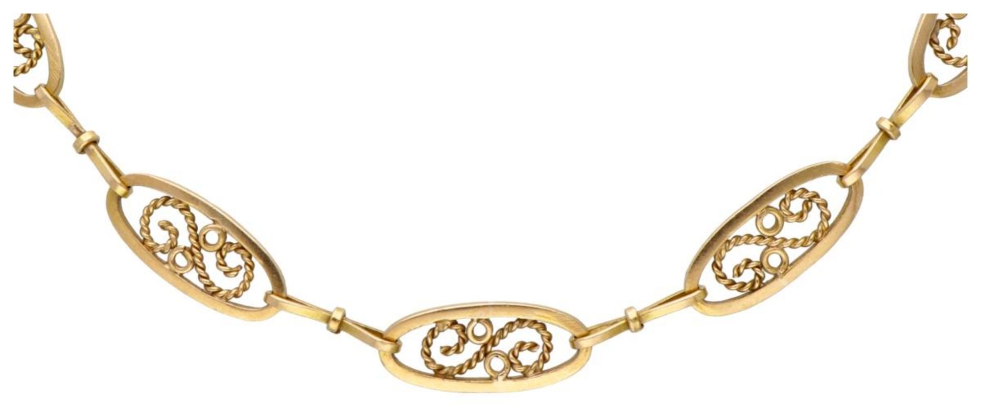 18K. Yellow gold Art Nouveau necklace with graceful details and navette-shaped links. - Bild 2 aus 3
