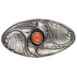 833 Silver Amsterdam school Art Deco brooch set with red coral.