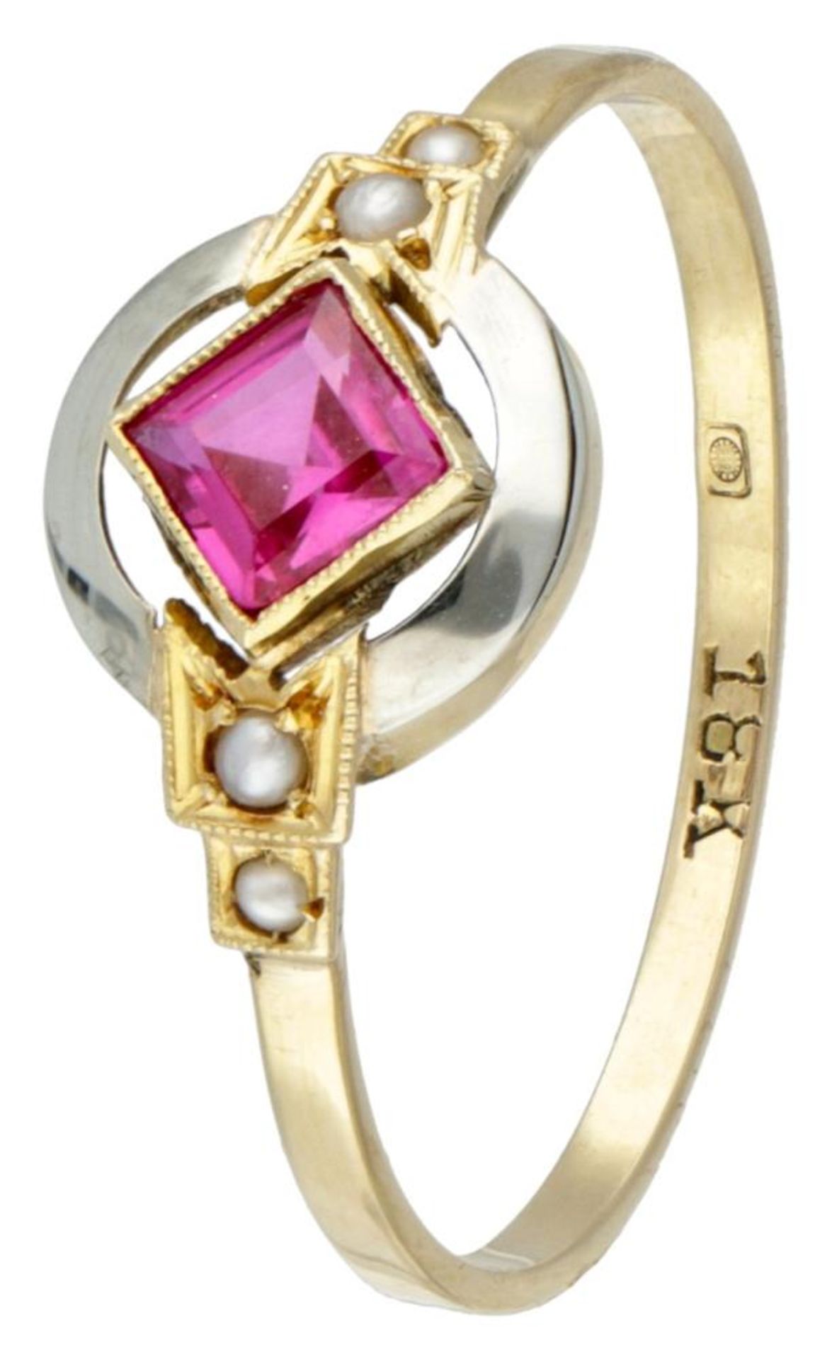 14K. Bicolor gold antique ring set with a synthetic ruby and seed pearls.