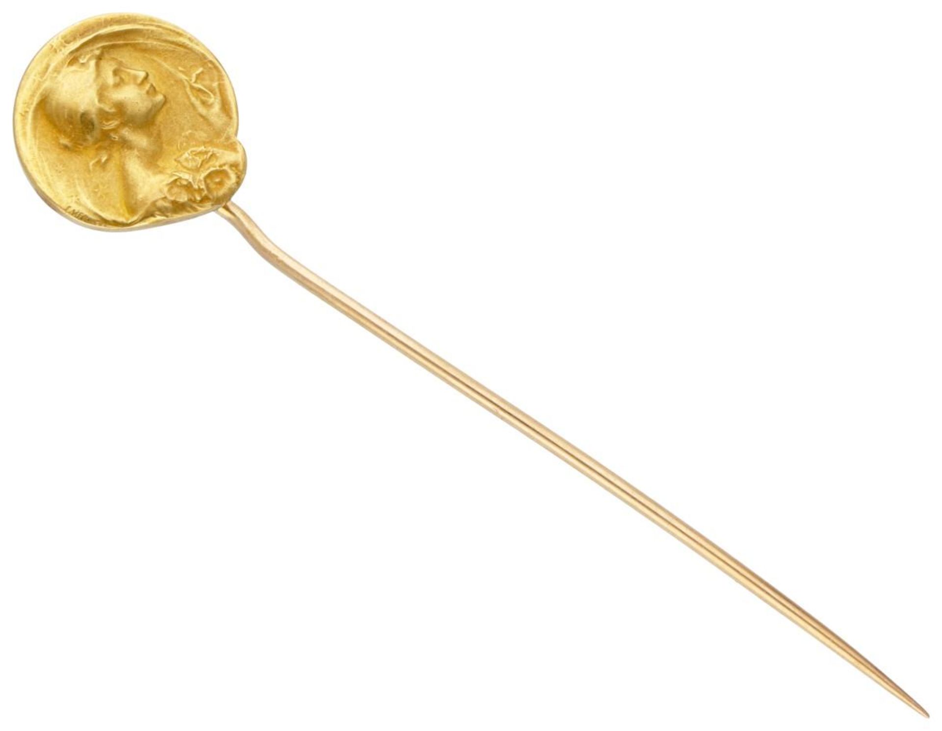 18K. Yellow gold Art Nouveau lapel pin entitled 'The Night' by Frederic de Vernon.
