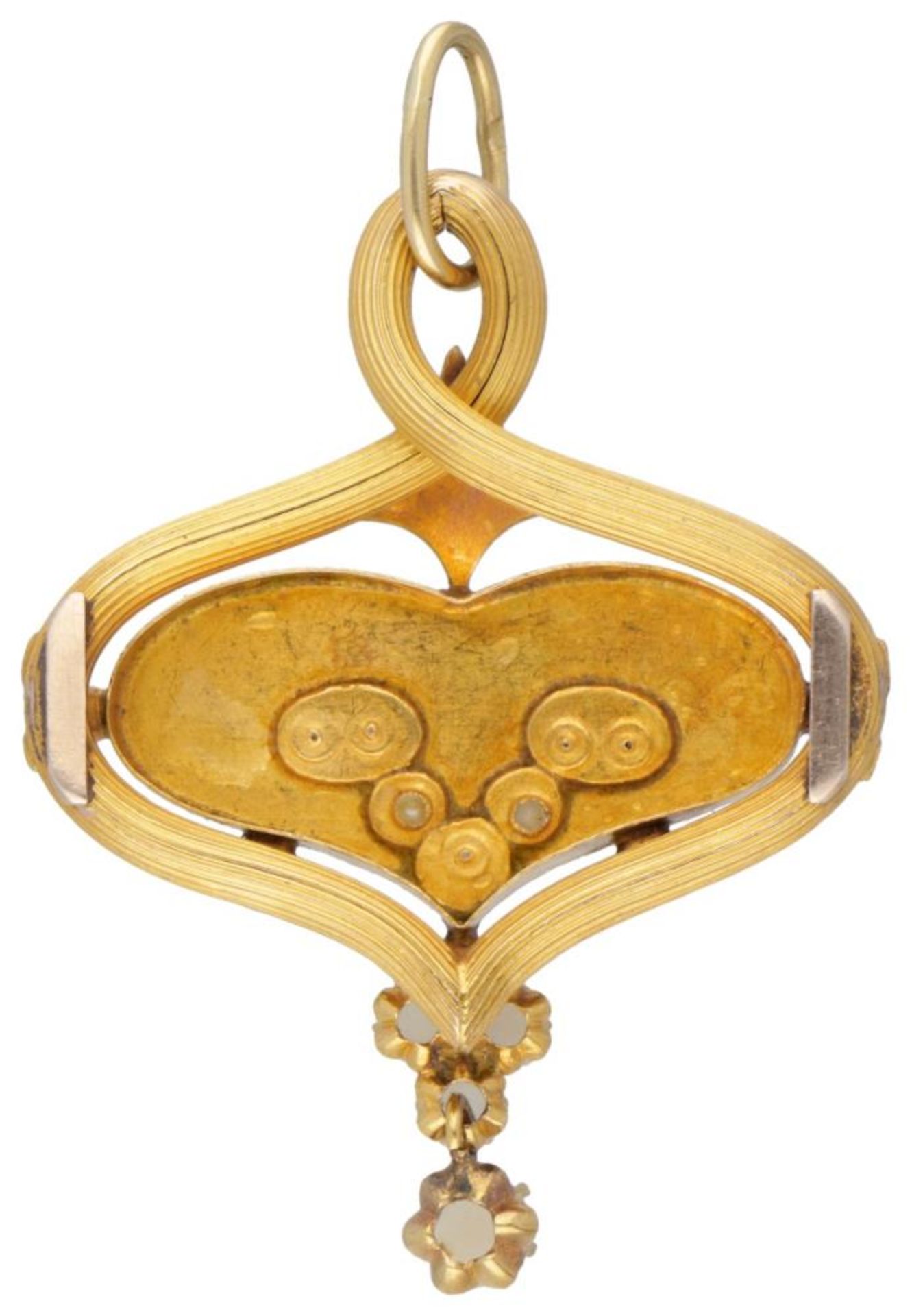 14K. Yellow gold Art Nouveau pendant set with seed pearls. - Bild 2 aus 2
