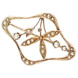 14K. Rose gold antique brooch set with seed pearls.
