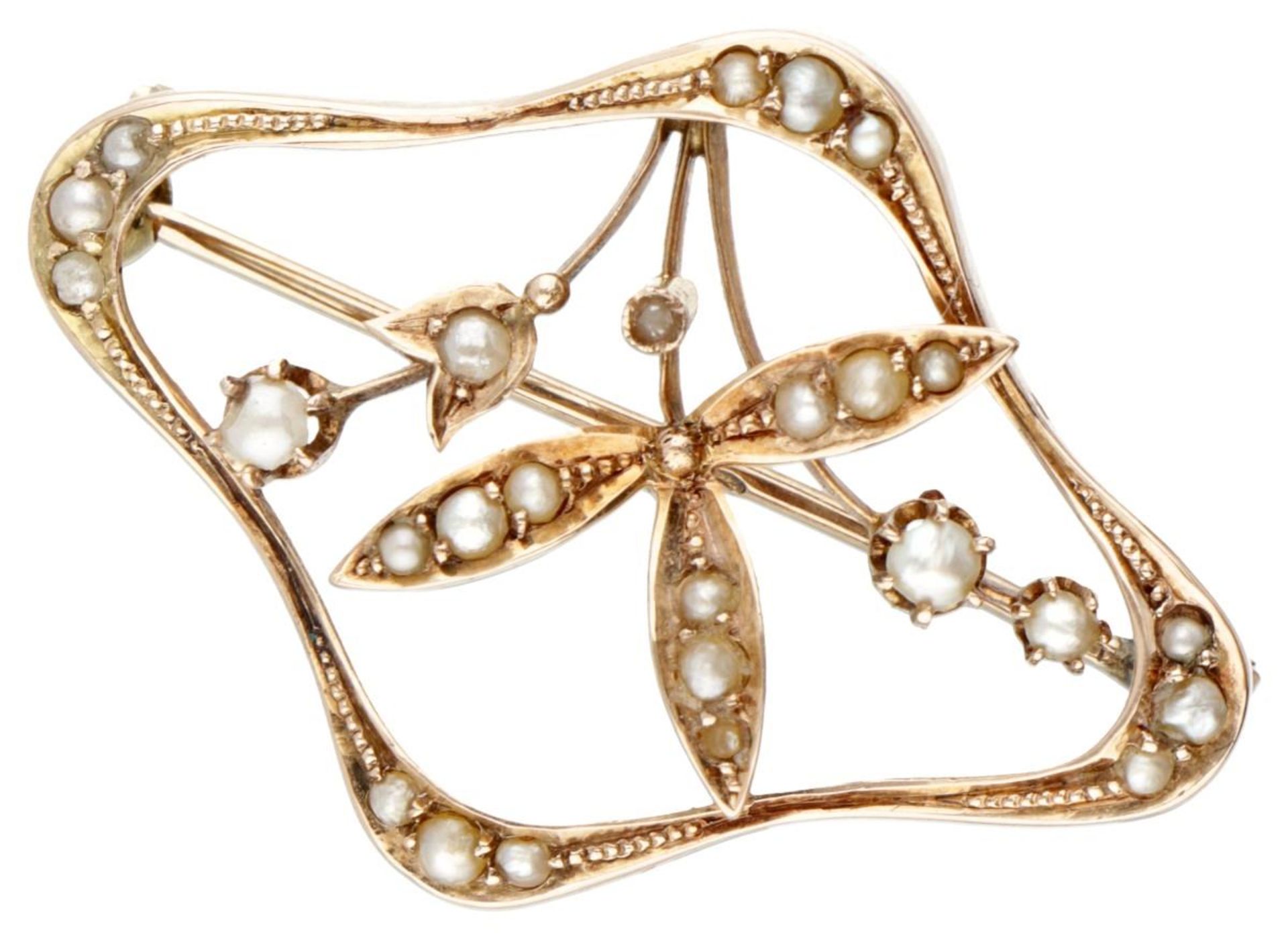14K. Rose gold antique brooch set with seed pearls.