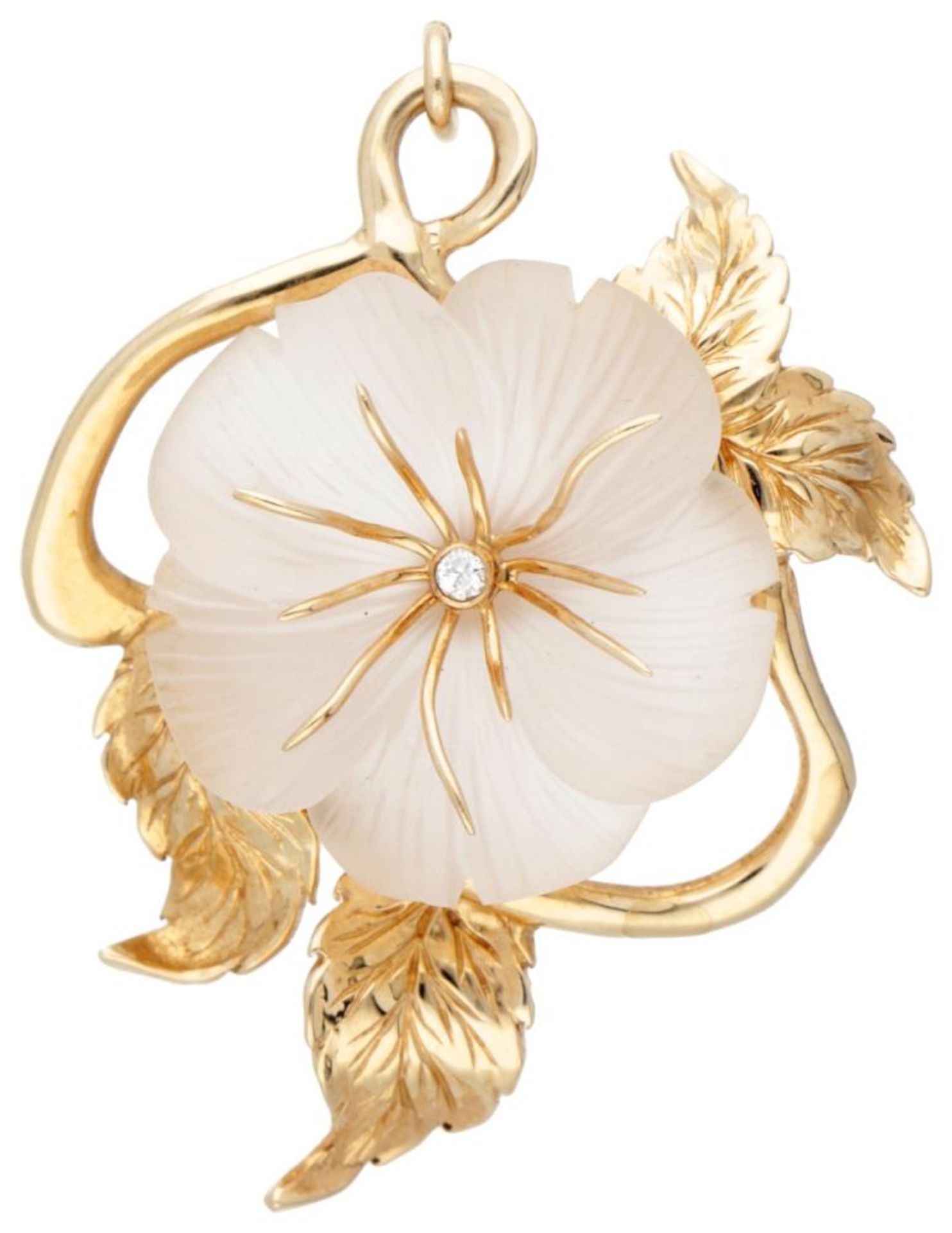 Franklin Mint 14K. yellow gold pendant set with a flower made of quartz and a diamond.