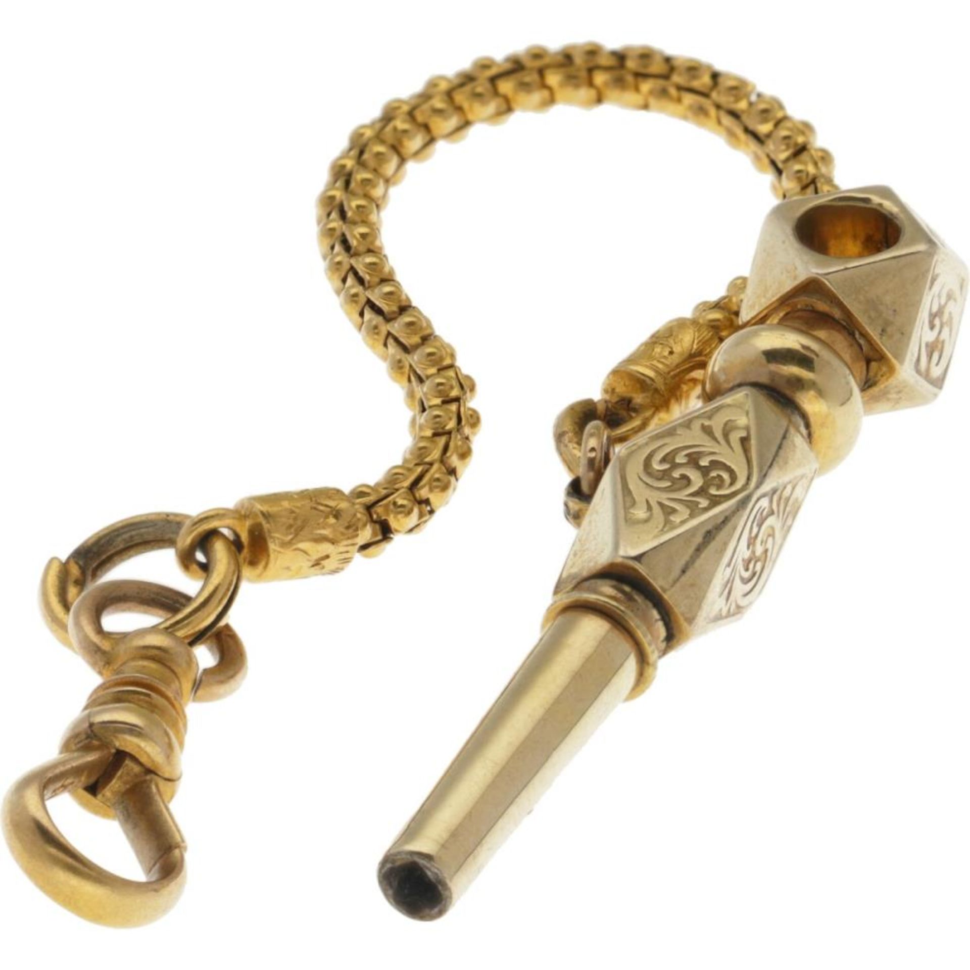 Pocket watch key with chain, gold-plated.