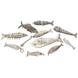 Lot of 10 silver flexible fish pendants, including one perfume pendant.