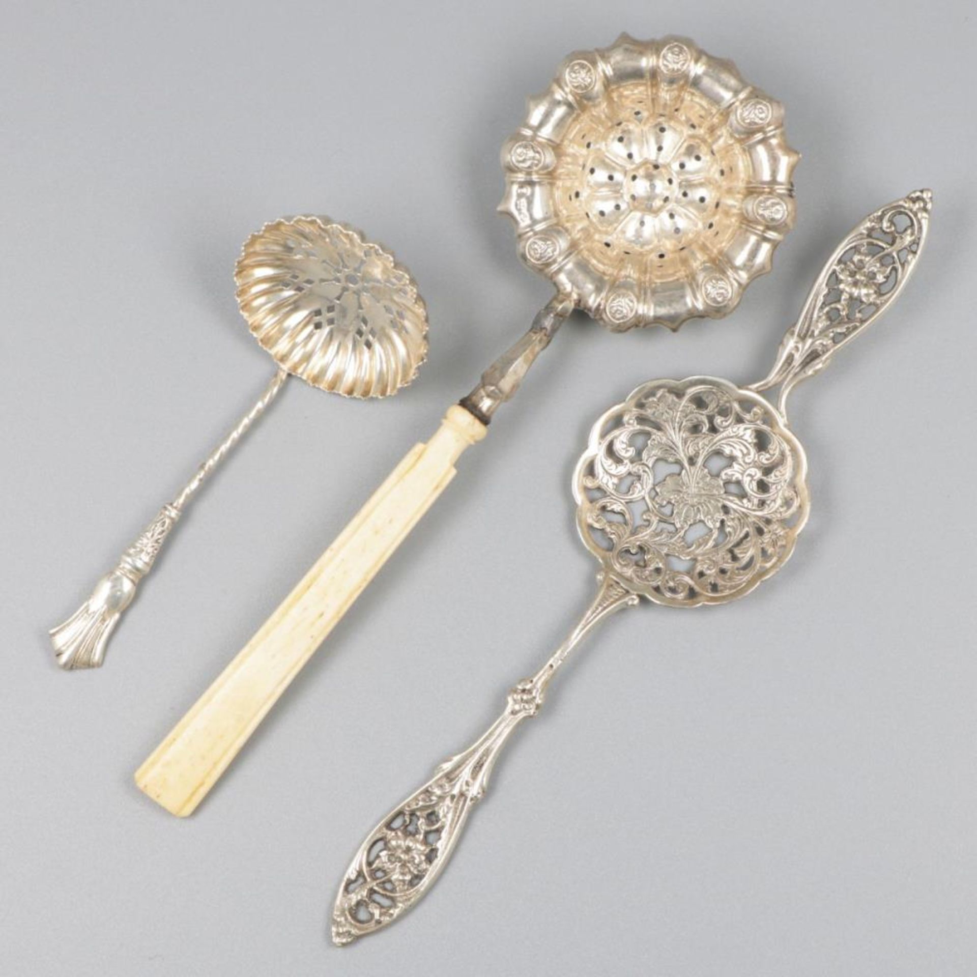 3-piece lot sifter spoons & absinthe spoon silver.