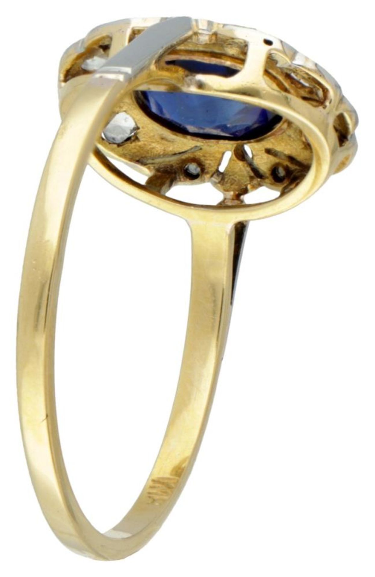 14K. Bicolor gold Art Deco ring set with diamond and approx. 1.05 ct. synthetic sapphire. - Bild 2 aus 2