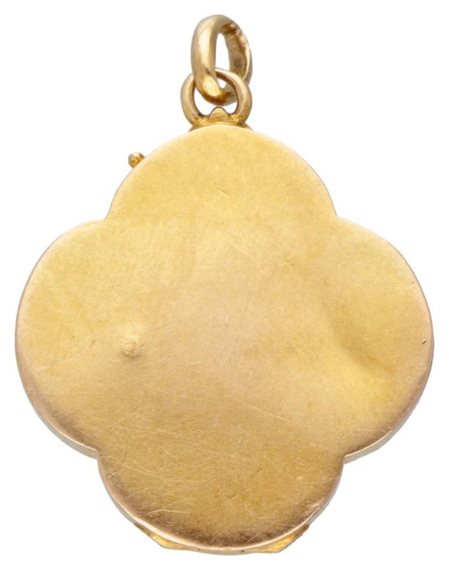 14K. Yellow gold Art Nouveau four-leaf clover medallion with female portrait in profile and diamond. - Bild 2 aus 4