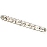 14K. Bicolor gold Art Deco bar brooch set with approx. 0.90 ct. diamond and pearls.