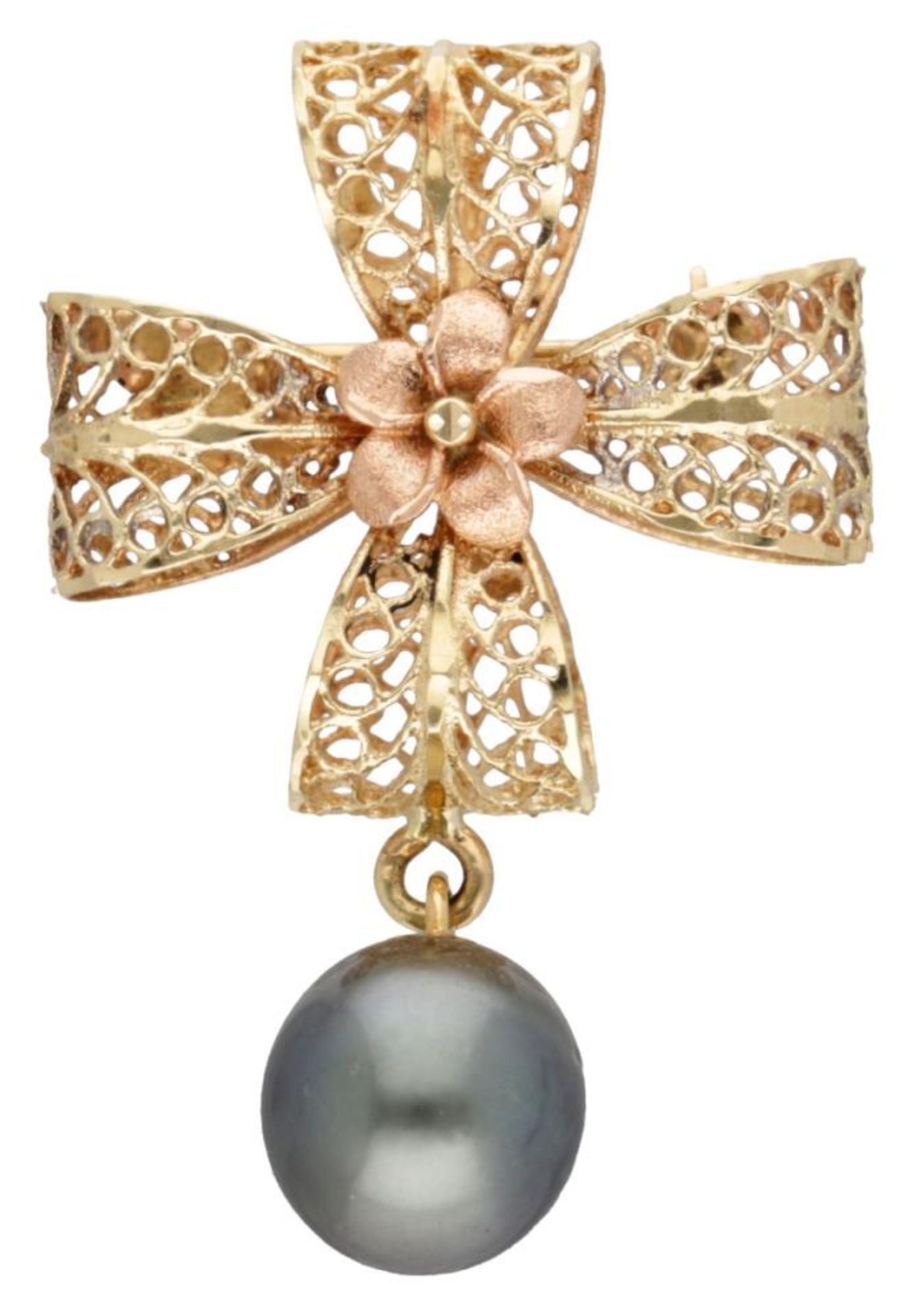 14K. Yellow gold brooch with rose gold flower set with a Tahiti pearl.