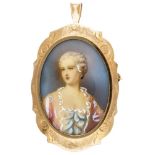 14K. Yellow gold pendant/brooch with an elegantly painted portrait of a woman.