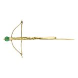 14K. Yellow gold hatpin in the shape of a crossbow pistol set with an emerald.