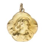 14K. Yellow gold Art Nouveau pendant with a portrait of a woman in profile.