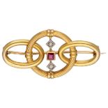 18K. Yellow gold brooch set with diamond and ruby.