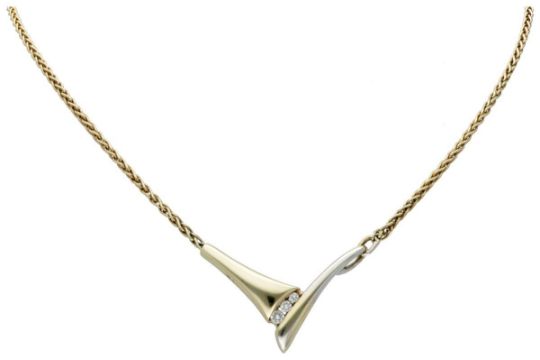 14K. Yellow gold link necklace and bicolor pendant set with approx. 0.07 ct. diamond. - Image 1 of 2