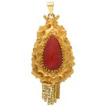 14K. Yellow gold antique cannetille pendant set with approx. 2.21 ct. red coral.
