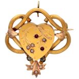 14K. Yellow gold Art Nouveau brooch/pendant set with garnets and pearls.