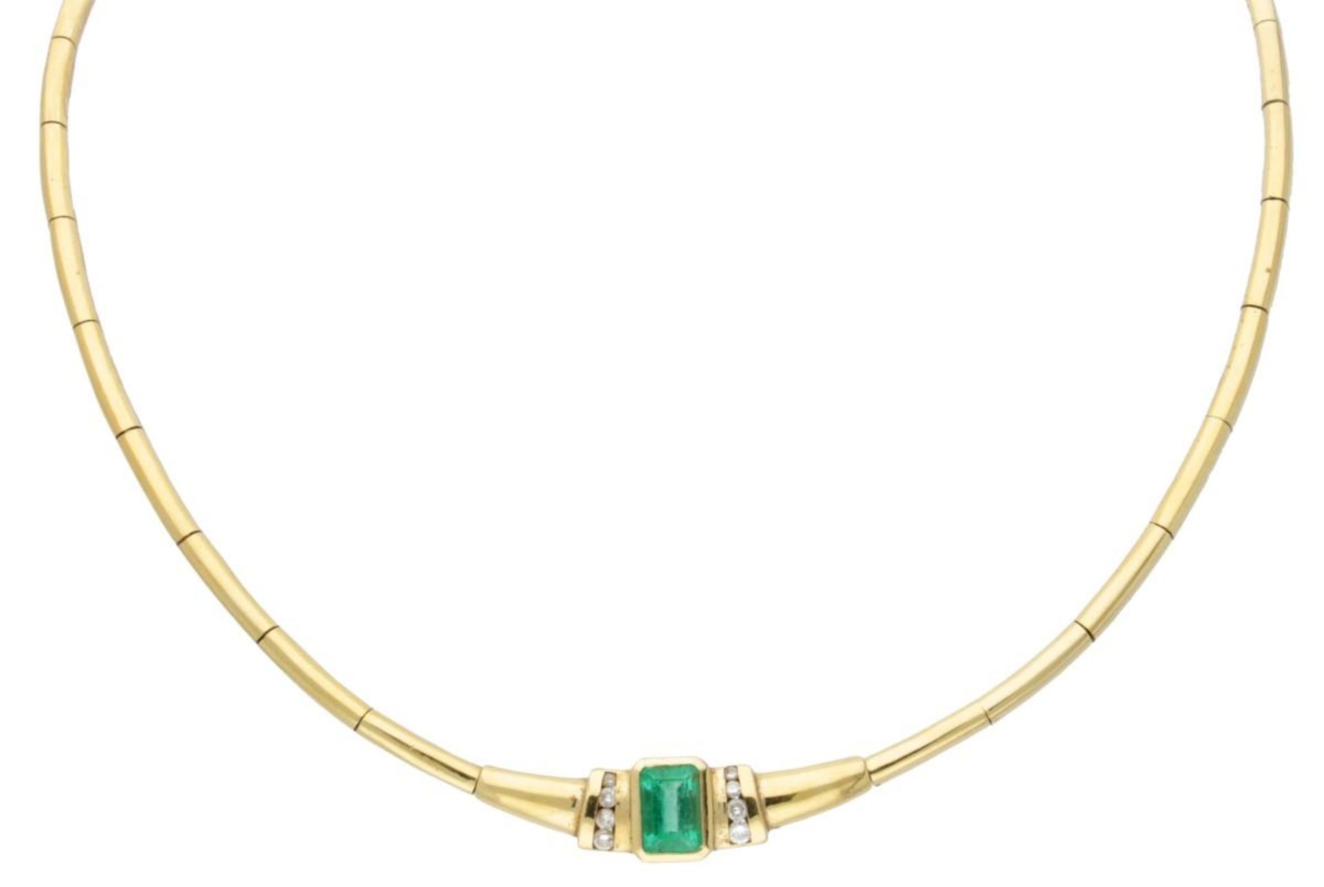 14K. Yellow gold link necklace set with approx. 0.91 ct. emerald and approx. 0.09 ct. diamond.