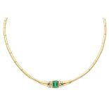 14K. Yellow gold link necklace set with approx. 0.91 ct. emerald and approx. 0.09 ct. diamond.