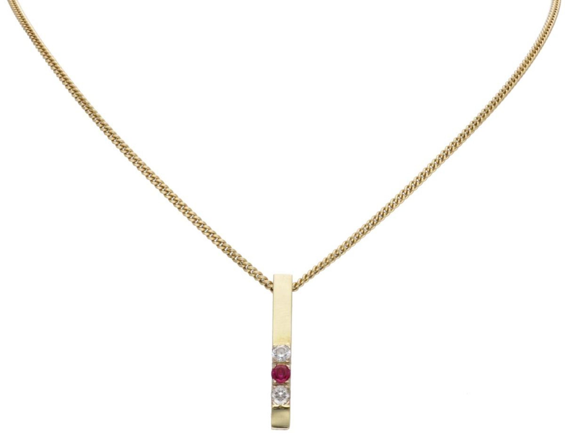14kt. Yellow gold gourmet link necklace with pendant set with approx. 0.10 ct. ruby.
