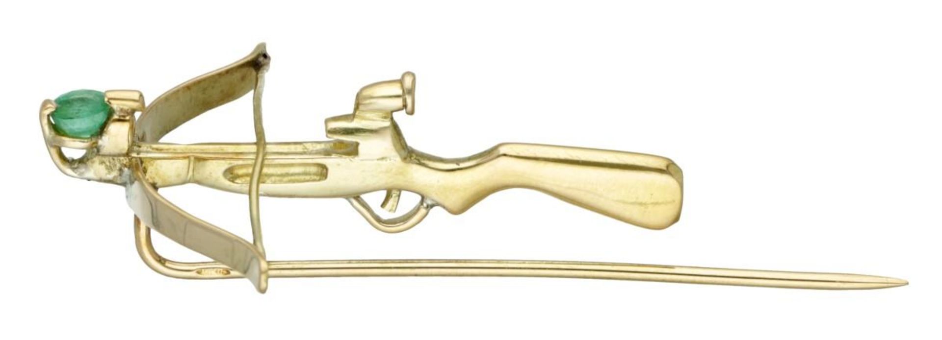 14K. Yellow gold hatpin in the shape of a crossbow pistol set with an emerald. - Bild 2 aus 3