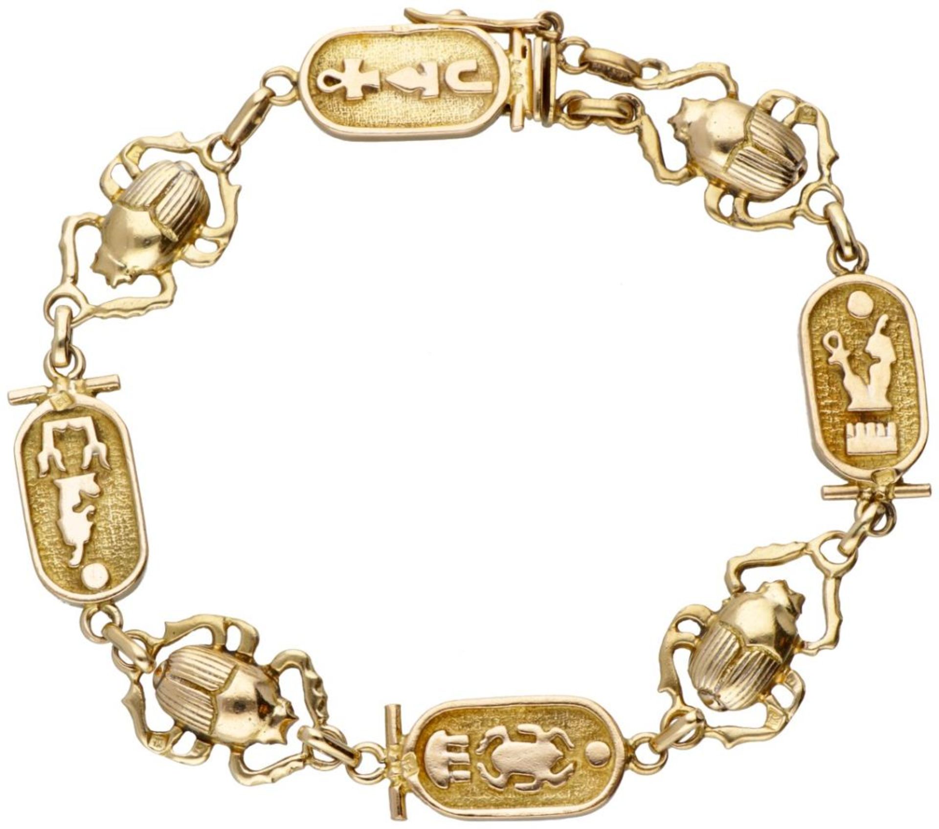 14K. Yellow gold Revival bracelet with hieroglyphs and scarabs.