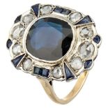 Art Deco 14K. yellow gold dinner ring set with approx. 2.90 ct. natural sapphire and diamond.