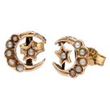 Antique BLA 8K. rose gold crescent-shaped earrings set with seed pearls.