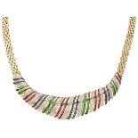 18K. Yellow gold Italian design necklace set with diamond, sapphire, ruby and emerald.
