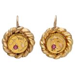 Antique 14K. yellow gold repoussé earrings set with glass garnet.