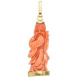 Vintage red coral pendant of a Chinese sage in an 18K. yellow gold frame.