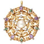 19.2K. Yellow gold Portuguese brooch / pendant set with diamond, emerald, amethyst and pearl.
