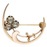 Antique 14K. rose gold brooch with a three-leaf clover set with diamond.