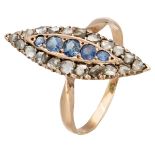 Antique BLA 10K. rose gold marquise ring set with approx. 0.50 ct. natural sapphire and diamond.